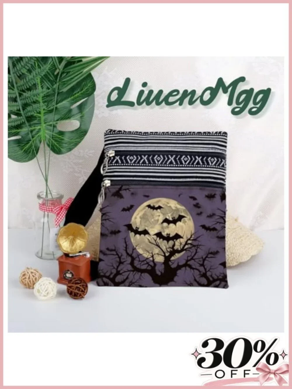 Women's Small Ethnic Crossbody Bag with Bat Print, Adjustable Strap, Zipper